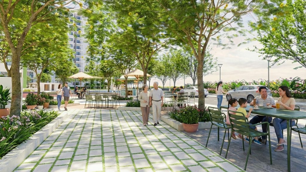 Phối cảnh công viên trung tâm và hệ thống tiện ích nội khu xanh mát tại dự án chung cư Ecohome Hòa Hiệp