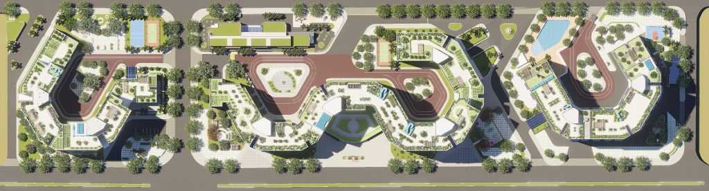 Bản vẽ quy hoạch mặt bằng tổng thể dự án chung cư Ecohome Hòa Hiệp nhìn từ trên cao, thể hiện rõ các tòa tháp và hệ thống cảnh quan